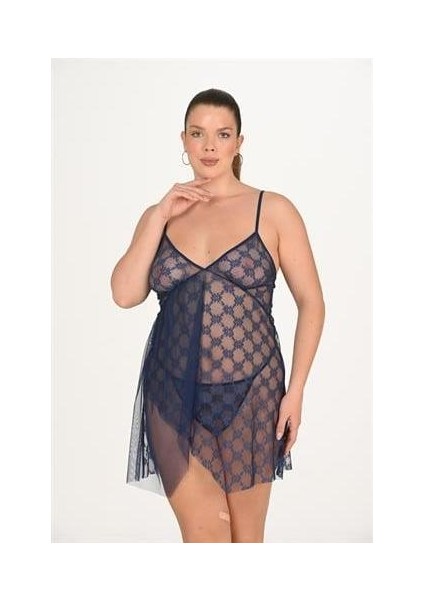 Aria's Closet Büyük Beden Lacivert Gecelik 3046