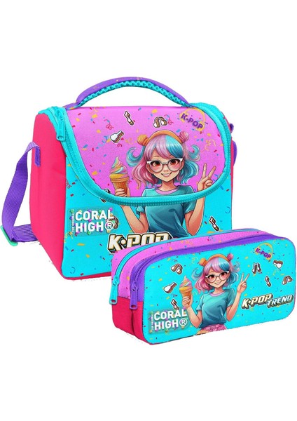 Kız Çocuk Pembe K-Pop Dondurmalı Kız Thermo Beslenme Çantası ve Iki Bölmeli Kalemlik Seti