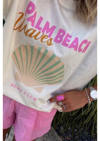 Kadın Palm Beach Baskılı Renkli Oversize Yazlık Tişört