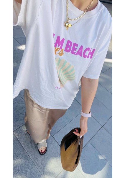 Kadın Palm Beach Baskılı Renkli Oversize Yazlık Tişört modelleri