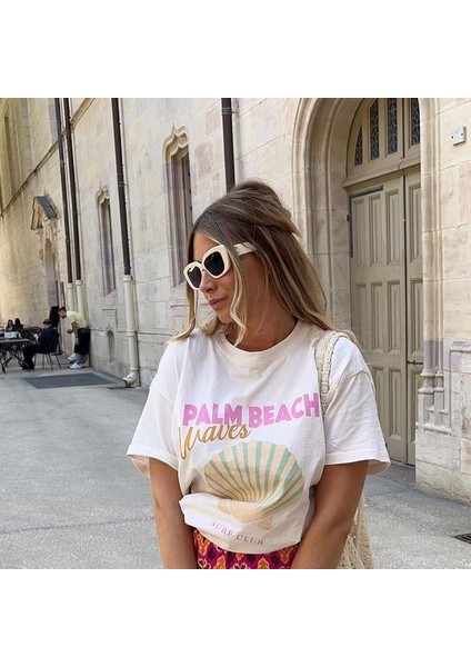 Kadın Palm Beach Baskılı Renkli Oversize Yazlık Tişört fırsatları