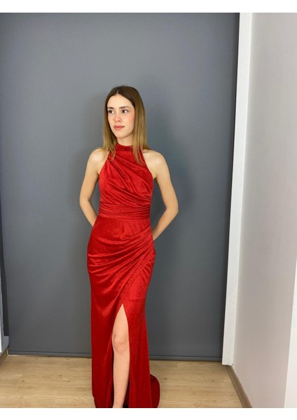Stefani Yaka Simli Esnek Kumaş Yırtmaçlı Uzun Abiye Elbise