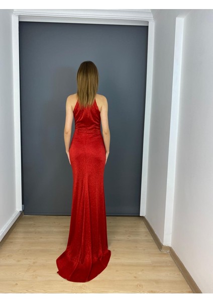 Stefani Yaka Simli Esnek Kumaş Yırtmaçlı Uzun Abiye Elbise