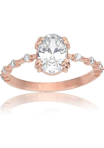 Gümüş Yüzük - 1,10 CT Oval 0,12 CT Pırlanta(Signity)Taşlı Kadın İhtişamı 925 Gümüş Ayar Evlilik Teklifi Yüzüğü