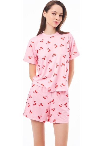 Premium Yazlık Şortlu Kadın Pijama Takımı Kiraz Desenli Yumuşak Dokulu Bisiklet Yaka Kısa Kollu