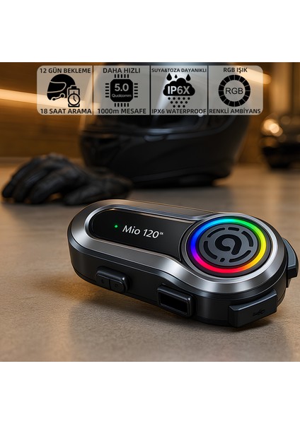Mio 120 2x Rgb 1000MAH Ipx6 1500M 2 Kişilik Kask Intercom Motosiklet Bluetooth Kulaklık - Siyah