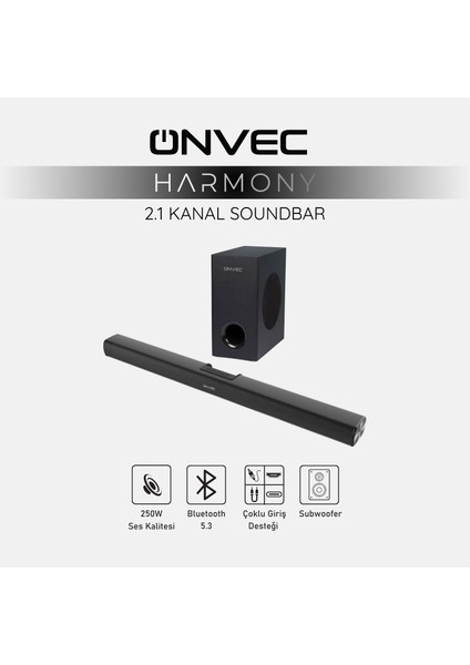 Harmony 2.1 Kanal Soundbar Bluetooth 5.3 HDMI Arc USB Optik Girişli Kablolu Subwoofer Ev Sinema Hoparlör Sistemi