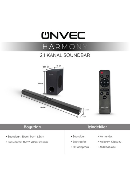 Harmony 2.1 Kanal Soundbar Bluetooth 5.3 HDMI Arc USB Optik Girişli Kablolu Subwoofer Ev Sinema Hoparlör Sistemi