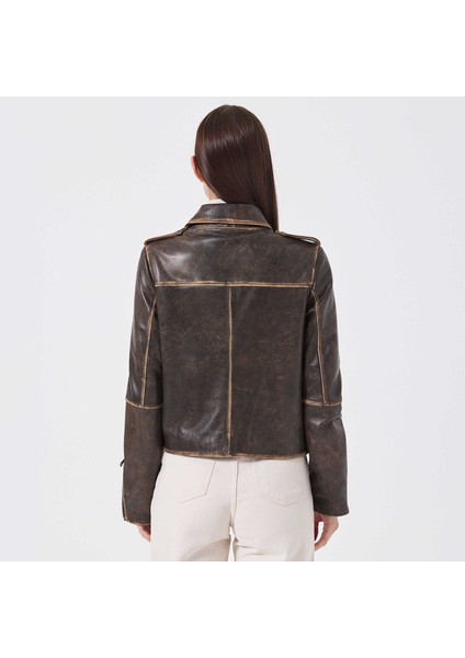 Kahve Hakiki Deri Kadın Hakiki Deri Biker Mont - K23KDM320402-U1I