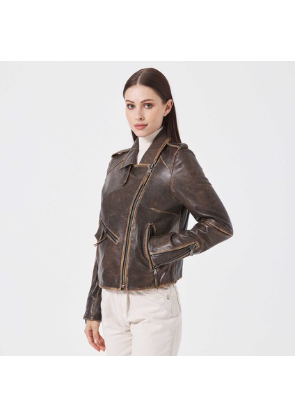 Kahve Hakiki Deri Kadın Hakiki Deri Biker Mont - K23KDM320402-U1I
