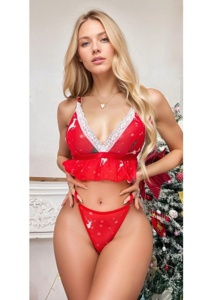 Kırmızı Özel Yılbaşı Desenli Sütyen Tanga fiyatları