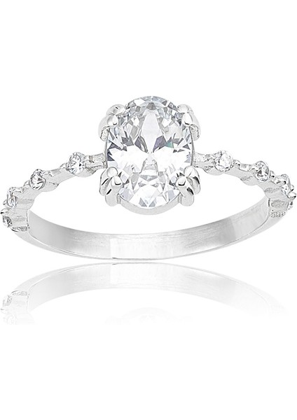Gümüş Yüzük - 1,10 CT Oval 0,12 CT Pırlanta(Signity)Taşlı Kadın İhtişamı 925 Gümüş Ayar Evlilik Teklifi Yüzüğü