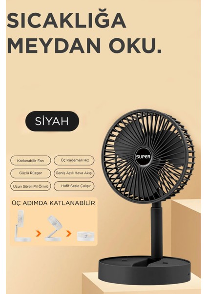 Blic BFN11 Siyah Şarjlı Katlanılabilir Mini Fan Masa Üstü Vantilatörü Soğutucu Sessiz El Fanı