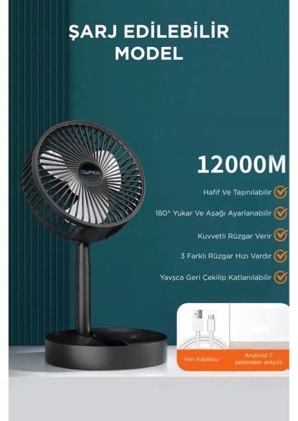 Blic BFN11 Siyah Şarjlı Katlanılabilir Mini Fan Masa Üstü Vantilatörü Soğutucu Sessiz El Fanı