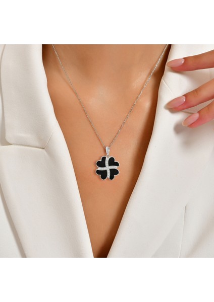 Gümüş Kalp Yonca Kolye, Onyx Taşlı Kolye Ucu, 925 Ayar Gümüş, Şık Takı Hediye, Şans Getiren Tasarım Beyaz Renk modelleri