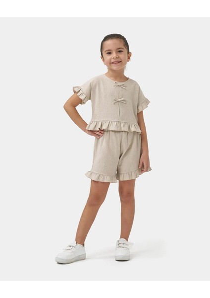 Kız Çocuk Keten Fırfır Detaylı Kısa Kollu Şortlu Takım