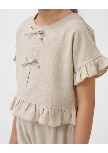 Kız Çocuk Keten Fırfır Detaylı Kısa Kollu Şortlu Takım modelleri