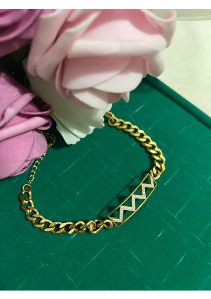 316 L - Paslanmaz Çelik Gold Taşlı Kuyumcu Model Bileklik - HMÇB-0101