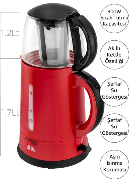 Teaplus Cam Demlikli Elektrikli Çay Makinesi Kırmızı