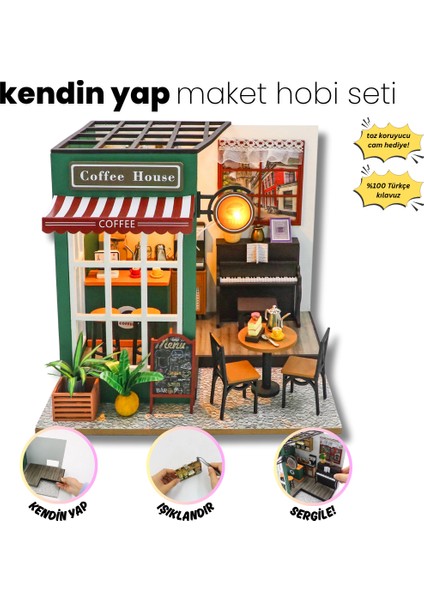 LED Işıklı Minyatür Kafe Maketi – Ahşap Kendin Yap Hobi Seti | Minyatür Ev Yapma Kiti - Kendin Yap