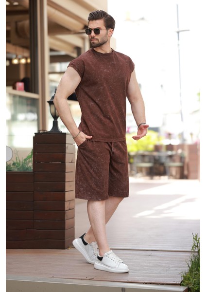 Acı Kahve Basic Erkek Yırtık Detaylı Şort T-Shirt Takım E7319