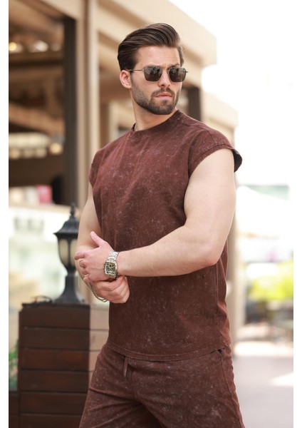 Acı Kahve Basic Erkek Yırtık Detaylı Şort T-Shirt Takım E7319