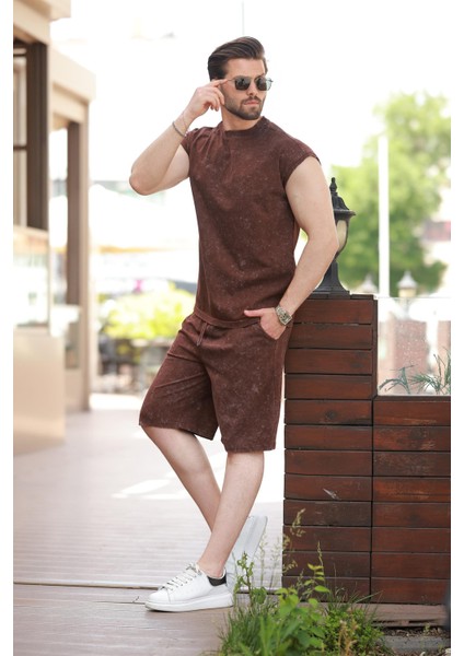 Acı Kahve Basic Erkek Yırtık Detaylı Şort T-Shirt Takım E7319
