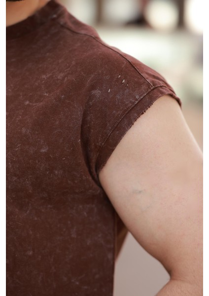 Acı Kahve Basic Erkek Yırtık Detaylı Şort T-Shirt Takım E7319