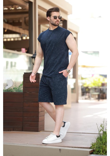 Lacivert Basic Erkek Yırtık Detaylı Şort T-Shirt Takım E7319