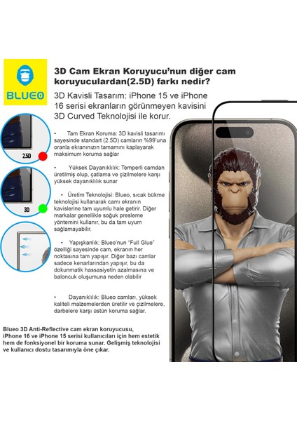 3D Airbag iPhone 16 Pro Max Uyumlu Kenar Darbelere Dirençli Tam Kavrayan Kavisli Cam Ekran Koruyucu