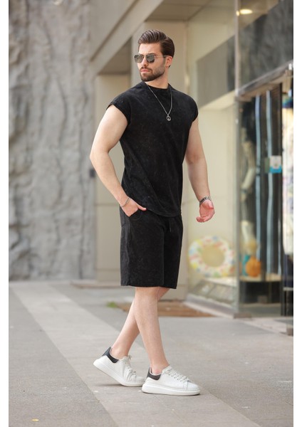 Siyah Basic Erkek Yırtık Detaylı Şort T-Shirt Takım E7319
