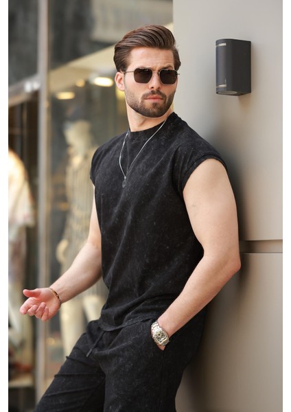 Siyah Basic Erkek Yırtık Detaylı Şort T-Shirt Takım E7319