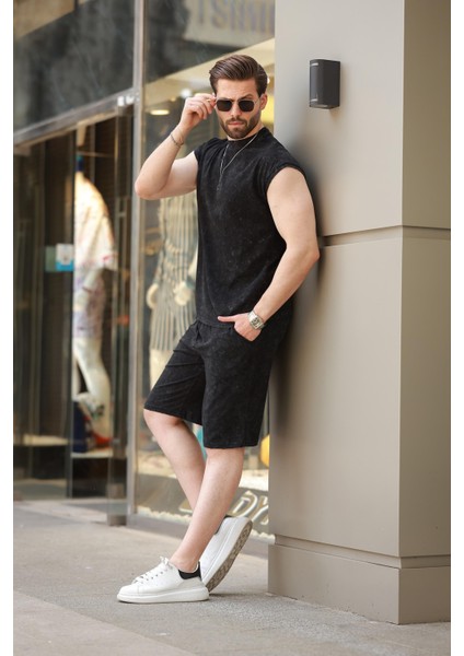 Siyah Basic Erkek Yırtık Detaylı Şort T-Shirt Takım E7319
