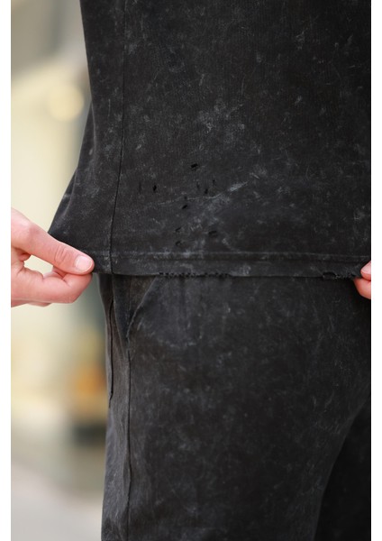Siyah Basic Erkek Yırtık Detaylı Şort T-Shirt Takım E7319