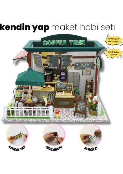 Kendin Yap Minyatür Kafe – LED Işıklı Ahşap Maket Ev | Toz Koruyucu Cam Hediyeli DIY Hobi Seti