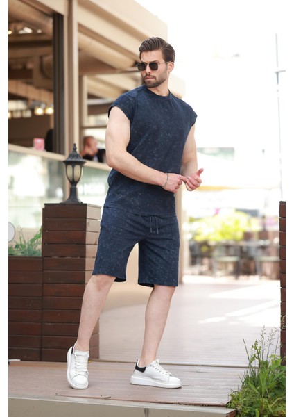 Lacivert Basic Erkek Yırtık Detaylı Şort T-Shirt Takım E7319