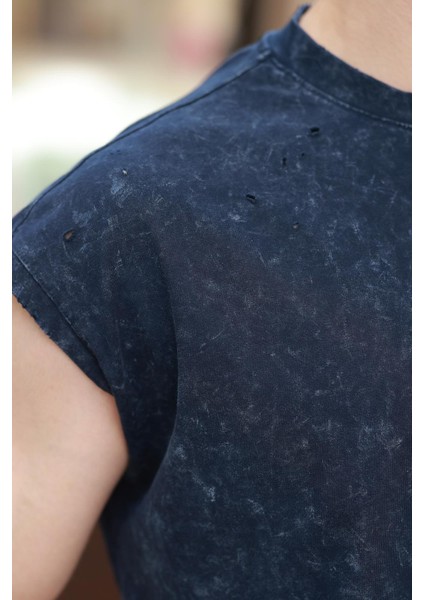 Lacivert Basic Erkek Yırtık Detaylı Şort T-Shirt Takım E7319