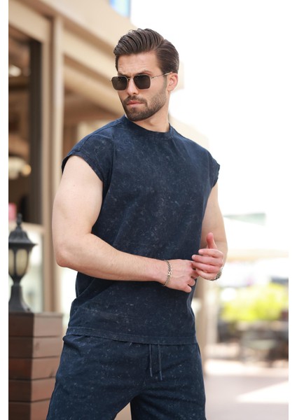 Lacivert Basic Erkek Yırtık Detaylı Şort T-Shirt Takım E7319