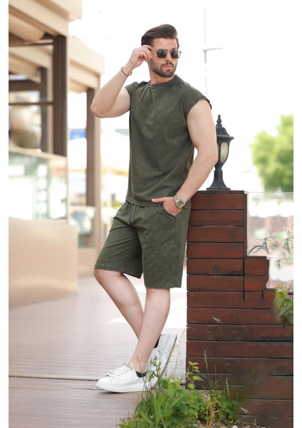 Haki Basic Erkek Yırtık Detaylı Şort T-Shirt Takım E7319