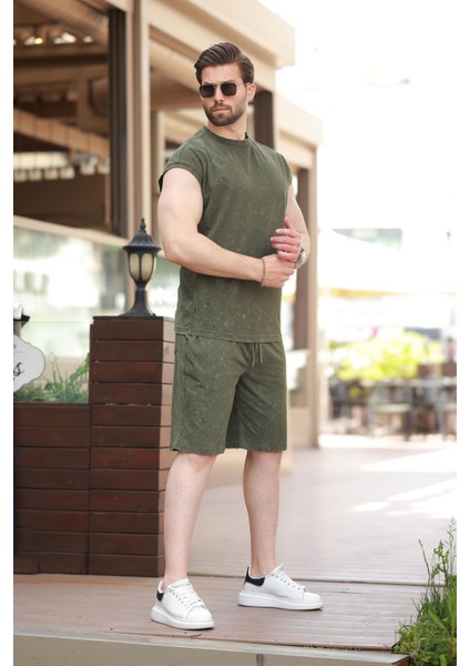 Haki Basic Erkek Yırtık Detaylı Şort T-Shirt Takım E7319 fiyatları