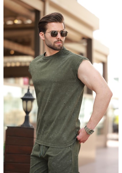 Haki Basic Erkek Yırtık Detaylı Şort T-Shirt Takım E7319 modelleri