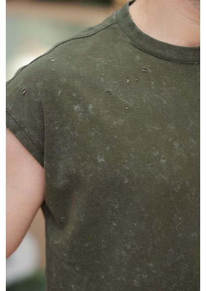 Haki Basic Erkek Yırtık Detaylı Şort T-Shirt Takım E7319 fırsatları