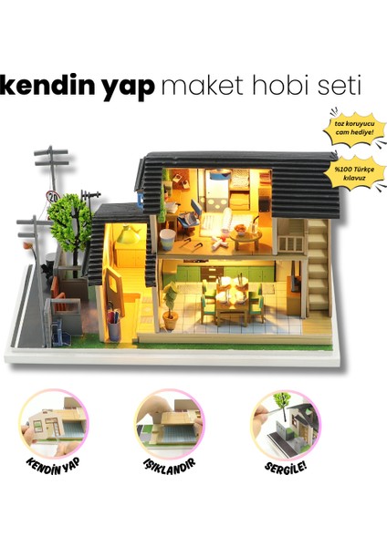 Kendin Yap Minyatür Dubleks Maket Ev – LED Işıklı Ahşap Kendin Yap Hobi Seti | DIY Minyatür Ev Kiti