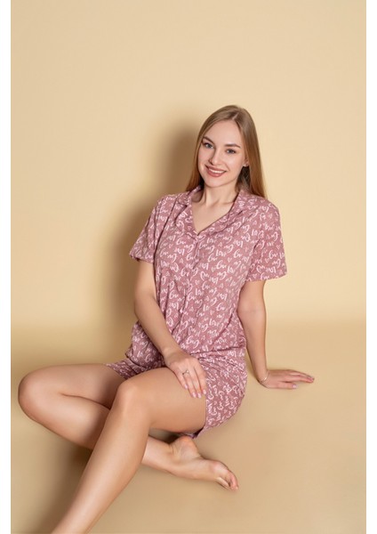Kadın Kısa Kol Gömlek Şort Pijama Takımı