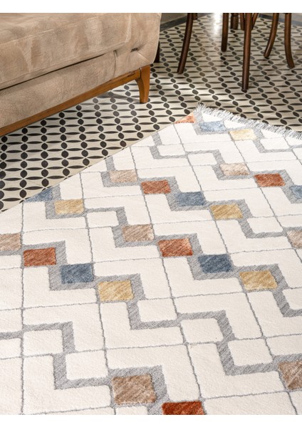 Broadway İskandinav Salon Halısı Mutfak Halısı Yolluk Bukle Dokuma Halı Geometrik Beyaz Mavi Dekoratif Halı BR-03