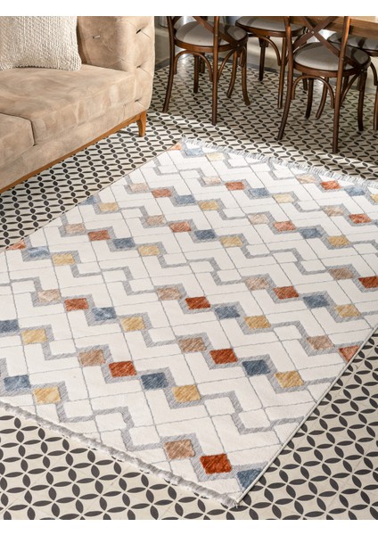 Broadway İskandinav Salon Halısı Mutfak Halısı Yolluk Bukle Dokuma Halı Geometrik Beyaz Mavi Dekoratif Halı BR-03