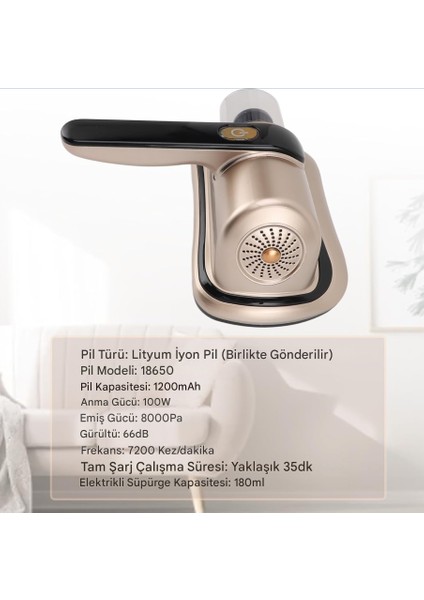 El Süpürgesi Güçlü Yatak Süpürgesi, Ev Için El Tipi Uv Şarjlı Uv-C Işınlı 100W Yatak Süpürgesi