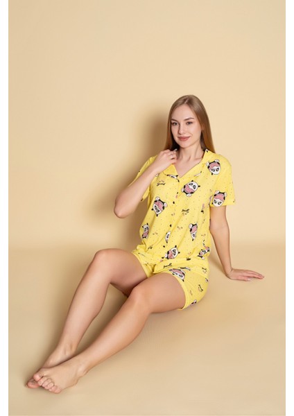Kadın Panda Desen Kısa Kol Gömlek Pijama Takımı