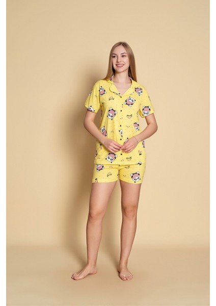 Kadın Panda Desen Kısa Kol Gömlek Pijama Takımı
