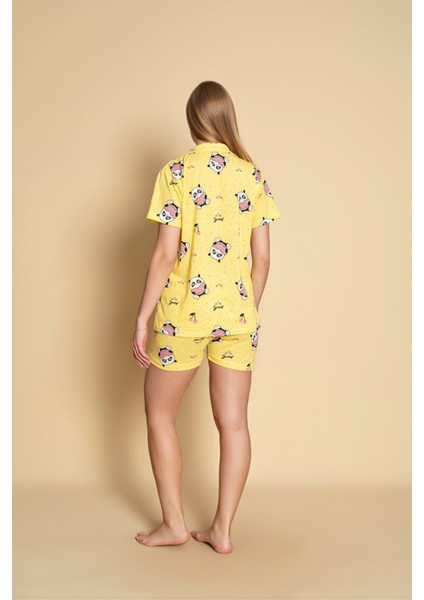 Kadın Panda Desen Kısa Kol Gömlek Pijama Takımı
